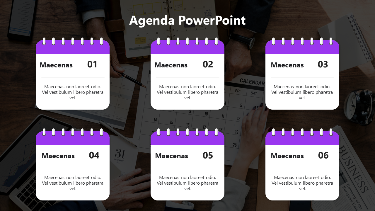 Agenda PPT slide featuring six purple calendar style blocks over a background of hands working on a physical calendar.