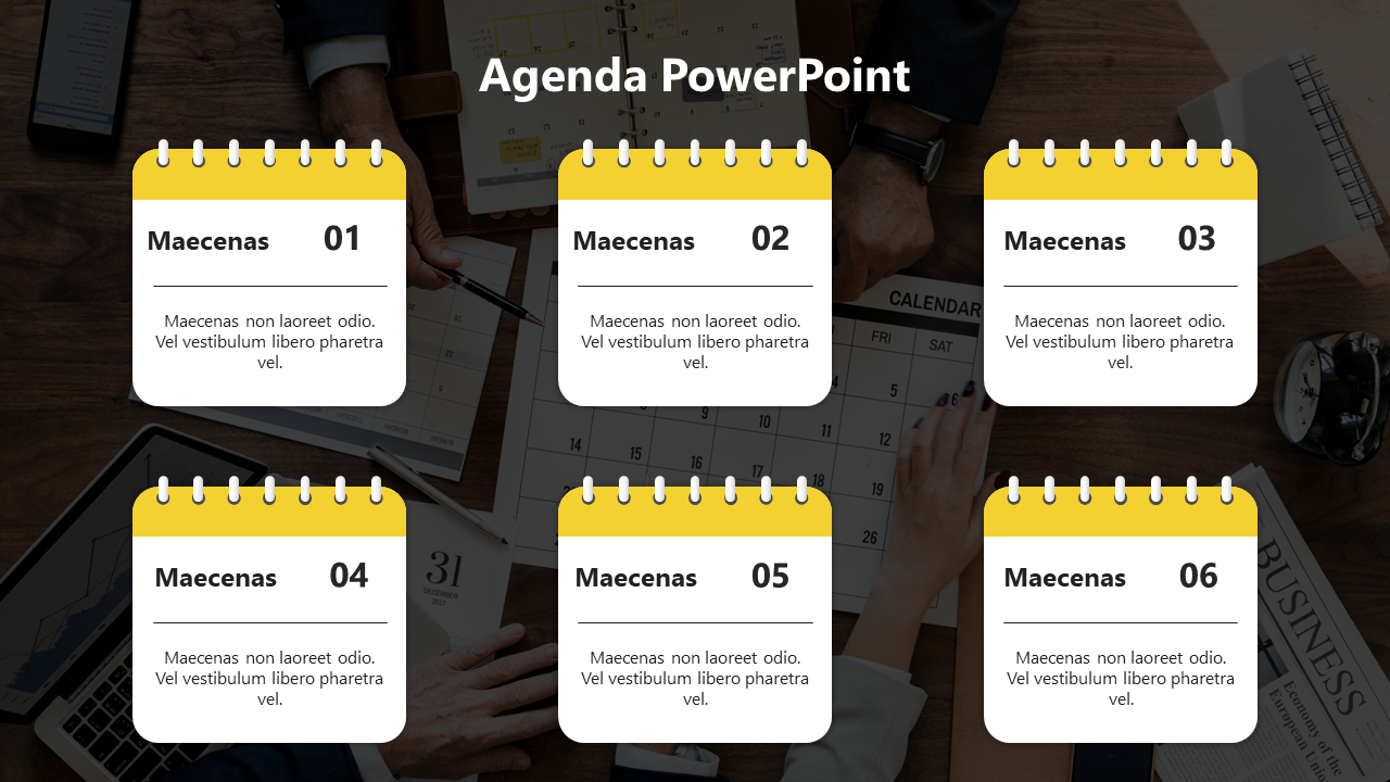 Yellow and white calendar style agenda layout with six cards placed on a workspace background with documents.