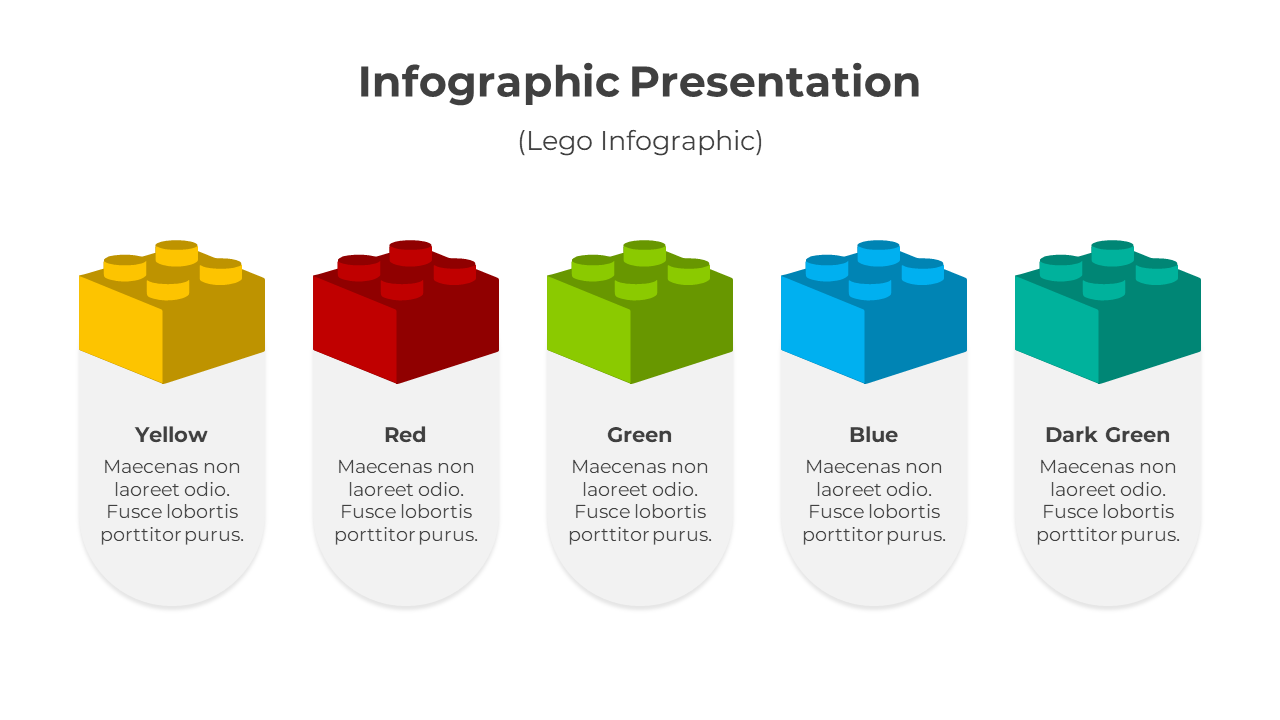 Lego themed infographic with yellow, red, green, blue, and dark green blocks, each labeled with placeholder text beneath.