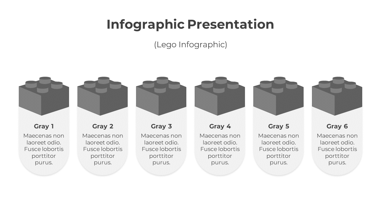 Infographic PPT slide with six Lego blocks labeled 1 through 6, each accompanied by placeholder text below.