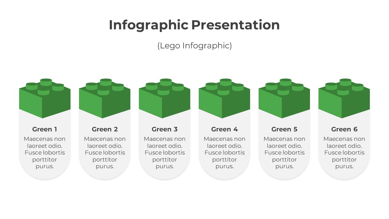 Infographic presentation featuring six green Lego blocks, each labeled Green 1 to Green 6, with placeholder text.