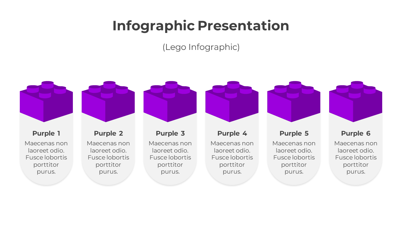 Infographic PPT slide showcasing six Lego blocks labeled Purple 1 through 6, each with placeholder text beneath.