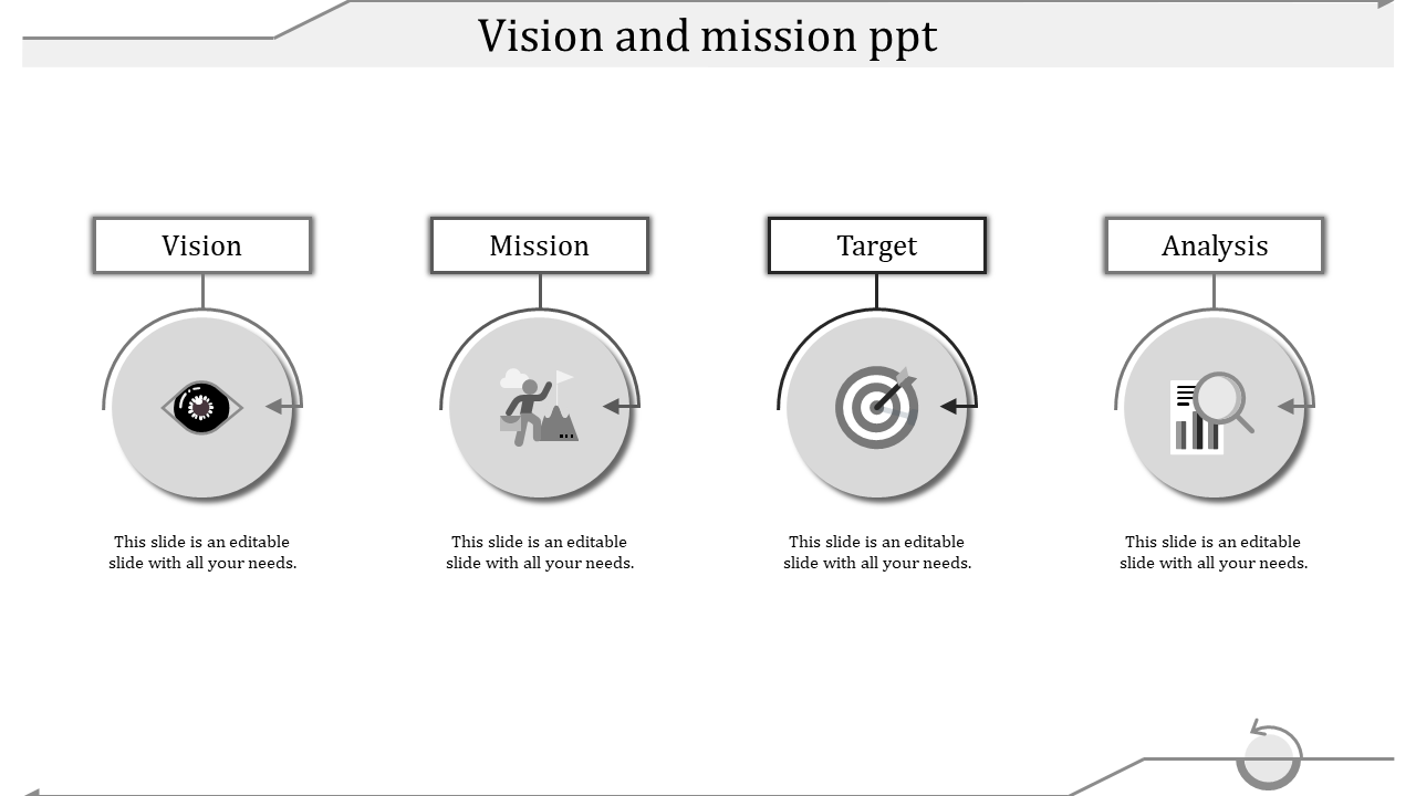 Monochrome layout with four gray circular icons arranged in a row with labels above each.