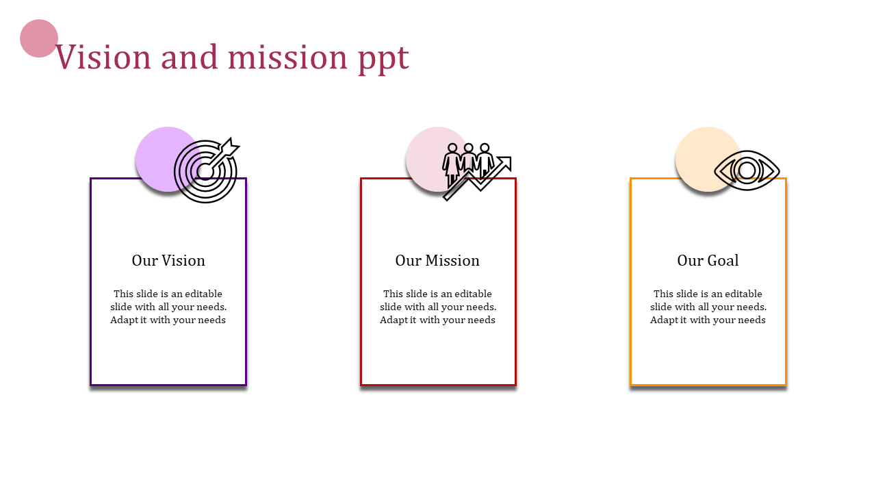 Vision and mission PowerPoint slide featuring icons for vision, mission, and goals with sections.