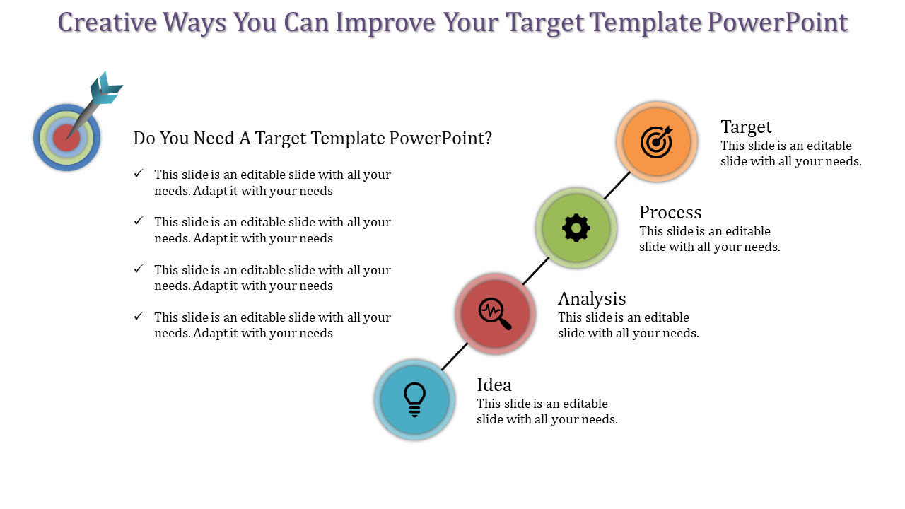 Target themed slide with colorful icons in orange, green, red, and blue, arranged diagonally with connecting lines.