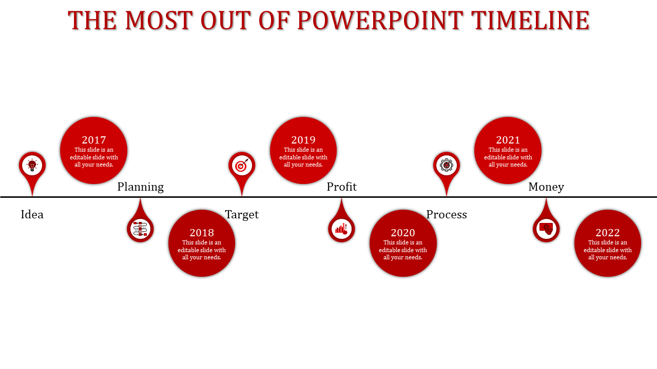 Six Circles Red Themed Timeline PPT Template & Google Slides