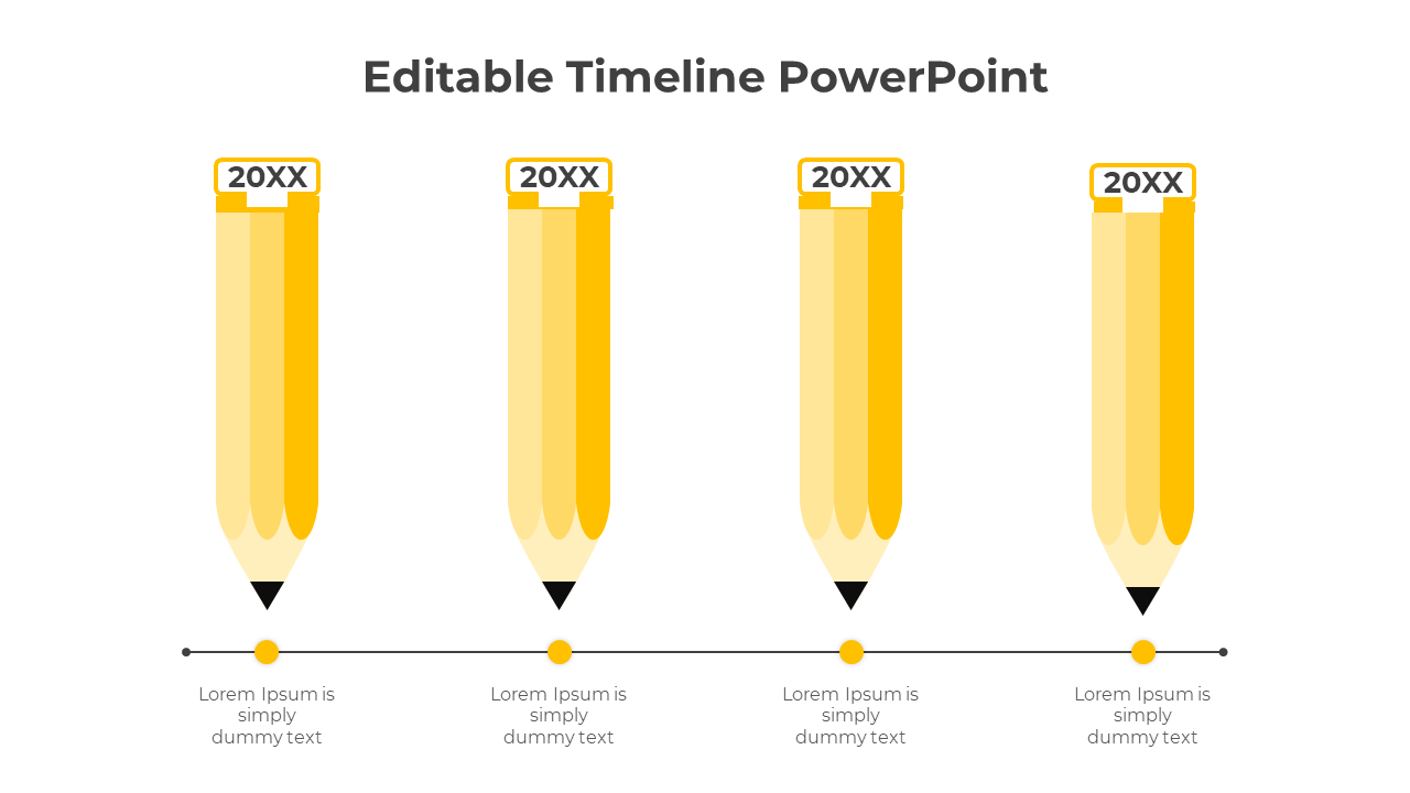 Four vertical yellow pencils aligned above a horizontal timeline with points marking different stages.