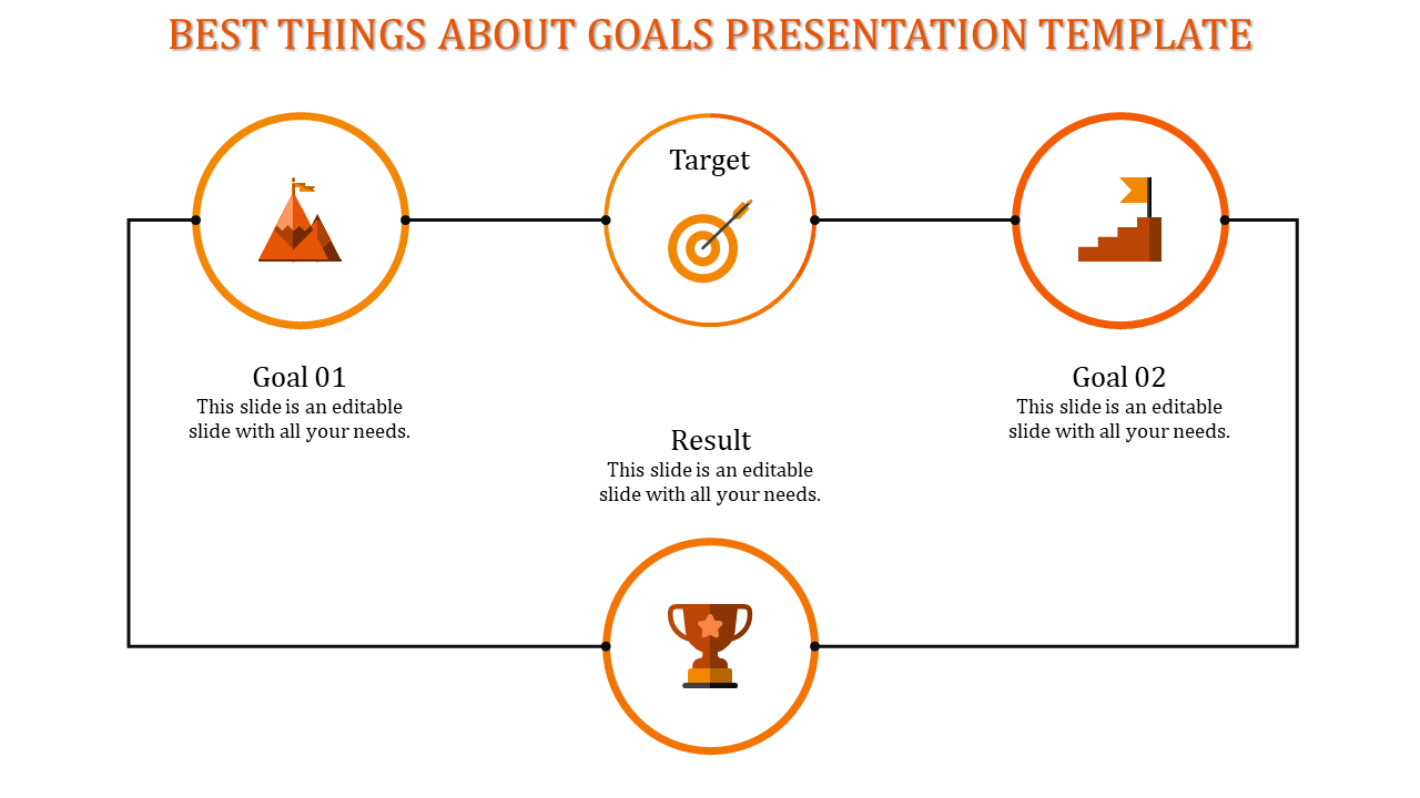 PowerPoint slide showing goal progression with icons representing a mountain, target, and trophy with placeholder text.