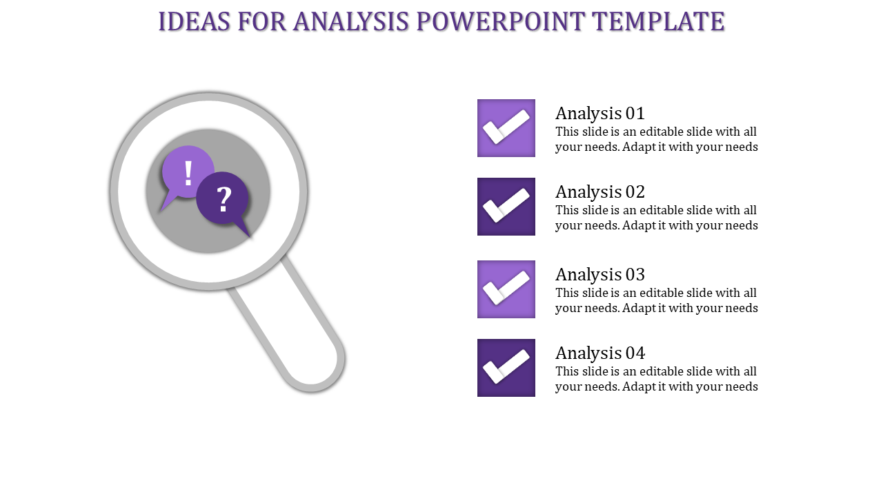 Slide illustrating ideas for an analysis template, highlighted by a magnifying glass and four check-marked sections.