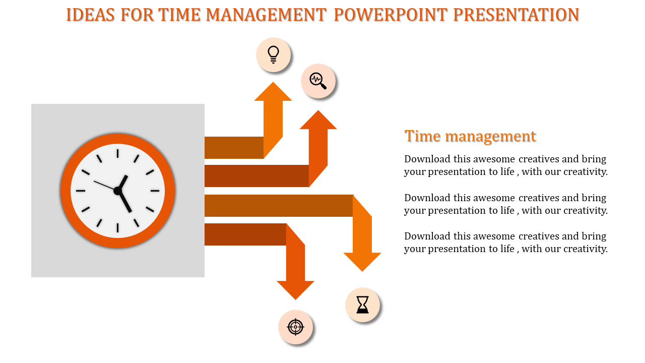 Time management infographic featuring a clock graphic and five orange arrows pointing to different task-related icons.