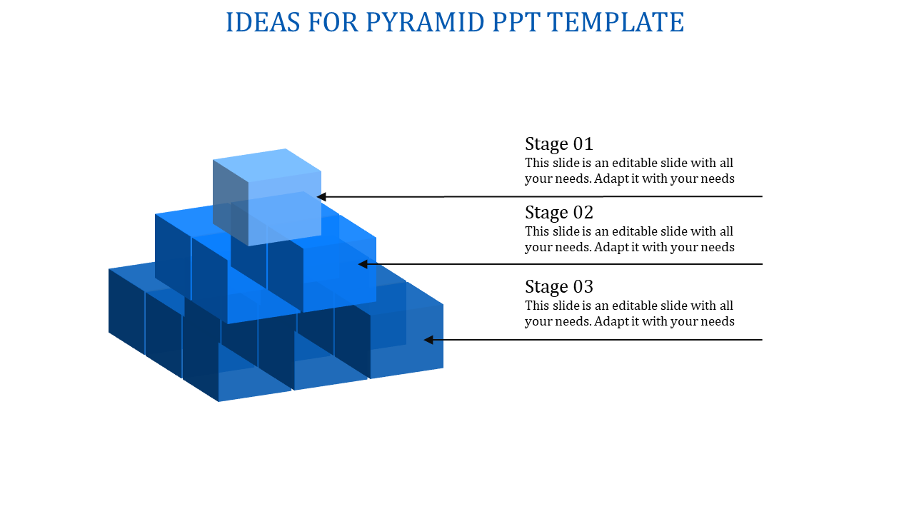 Pyramid shaped 3D template with blue cubes, showing three stages labeled with placeholder text.