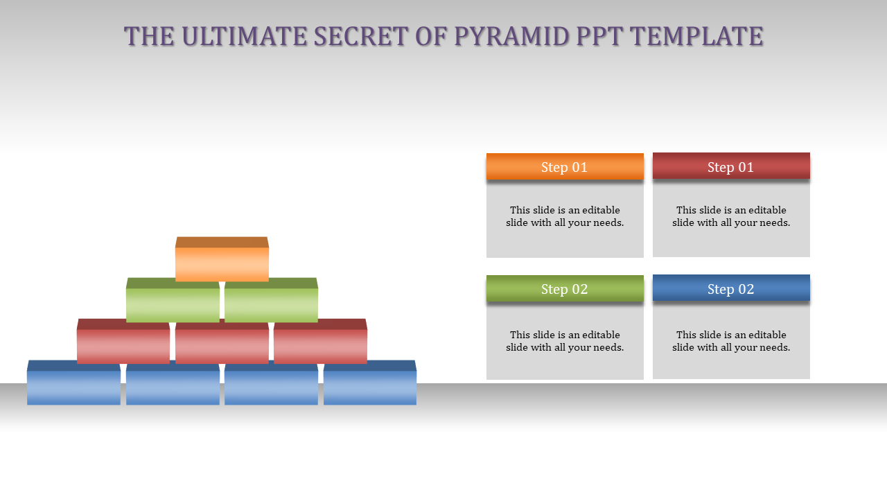 Pyramid PPT slide showing steps represented by colored blocks in orange, green, red, and blue, with caption boxes.