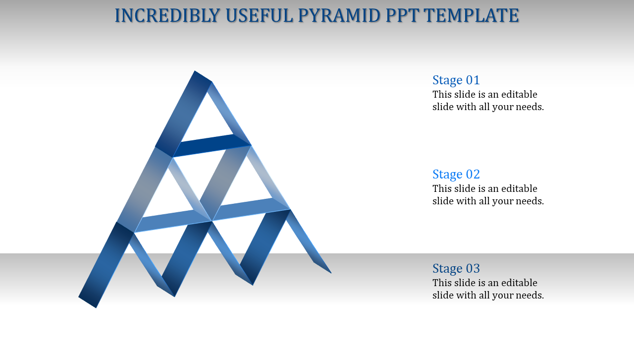 3D metallic pyramid structure with three labeled stages on the side, showcasing a layered hierarchical structure.