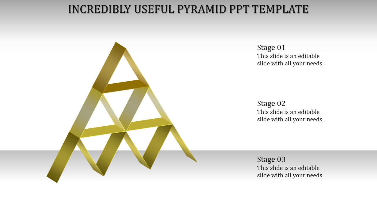 3D yellow pyramid structure PPT slide with three steps and placeholder text for each stage.