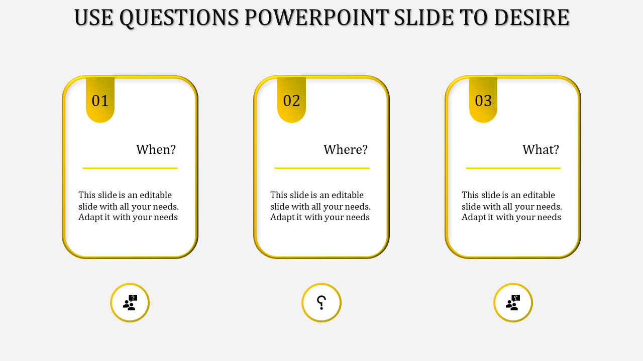 Three yellow bordered cards with numbered tabs, each containing a question, arranged horizontally with icons below.