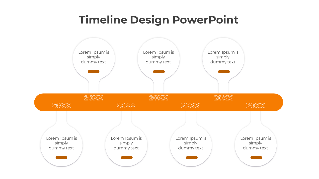 Orange timeline design PowerPoint template with placeholders for years and text under each point on a white backdrop.