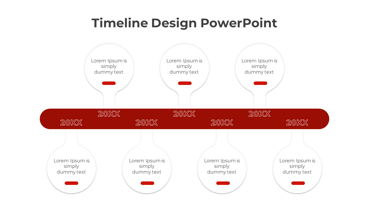 Red themed timeline with seven circular bubble markers for each year, filled with text placeholders.