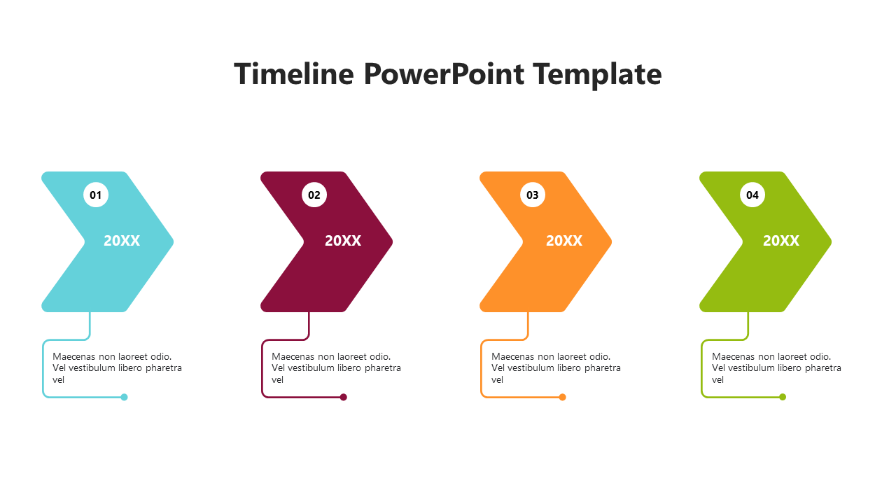 Four colorful arrows in blue, maroon, orange, and green, each with a number and text below for a timeline.