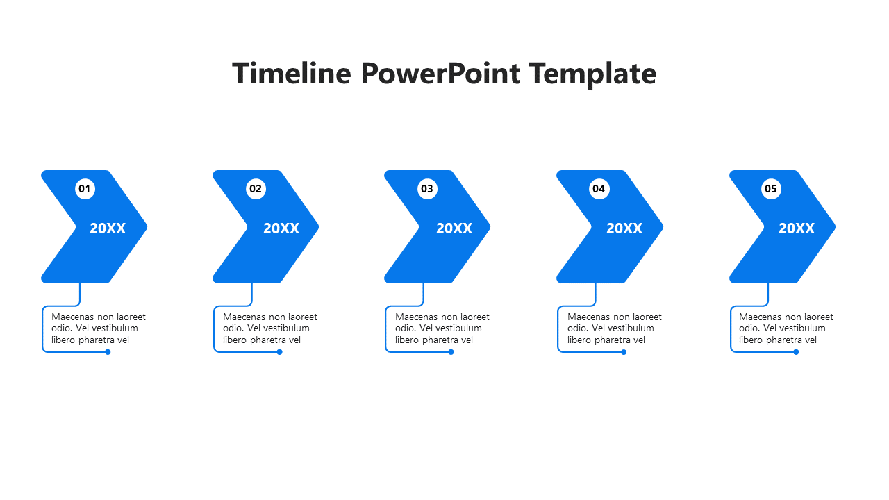 A timeline PowerPoint template with five blue arrow stages and placeholder text.