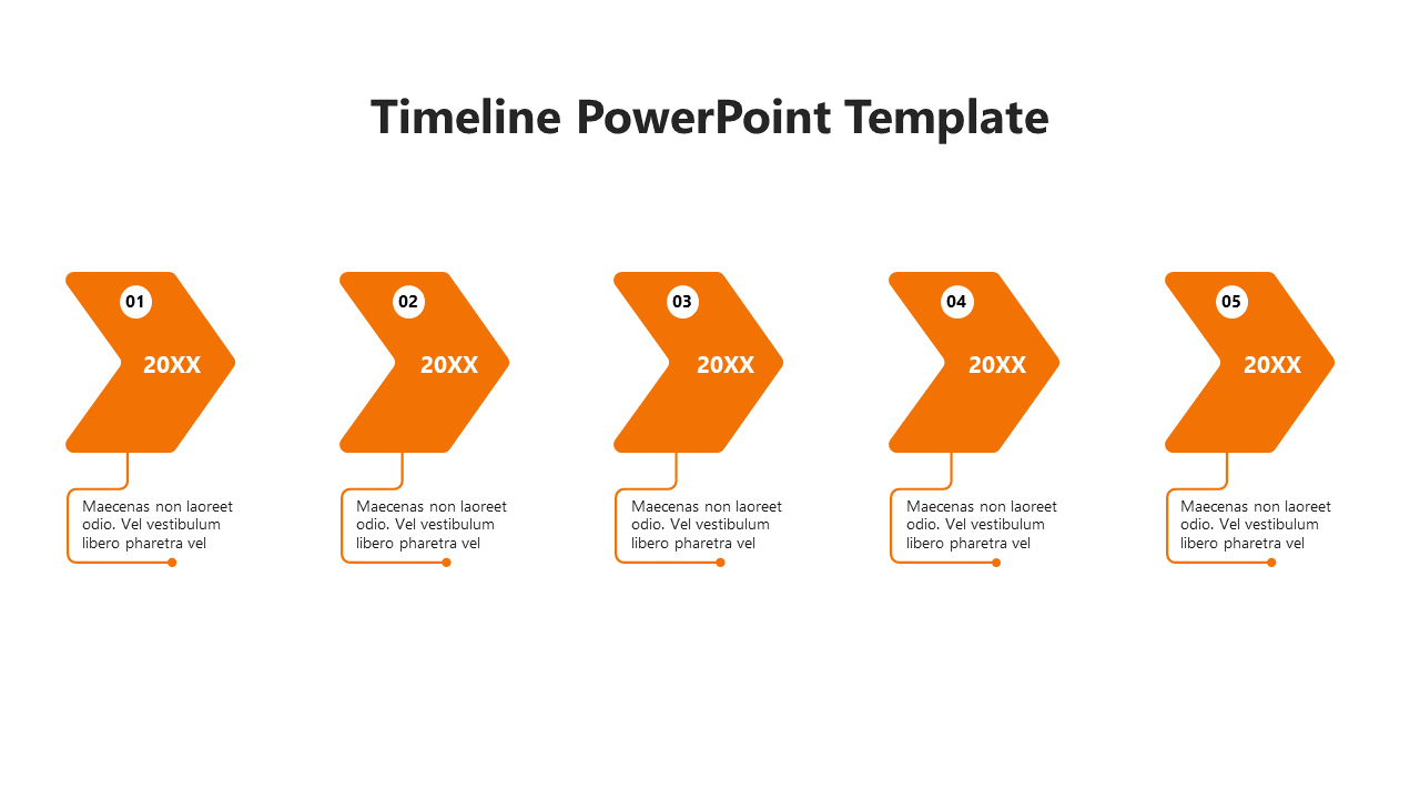 A timeline PowerPoint template with five orange arrow stages and placeholder text.