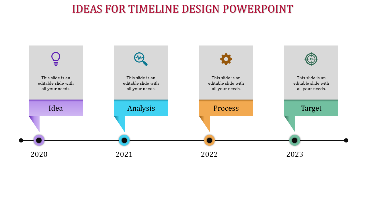 Timeline slide with four colored steps with icons and placeholder text spanning the years 2020 to 2023.