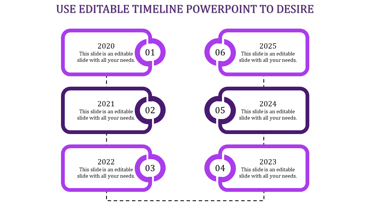 A timeline PPT slide featuring six years 2020 to 2025, each marked by a purple rectangular box and connected by dotted lines.