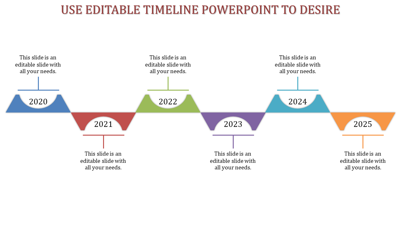 A colorful timeline PPT slide showing milestones from 2020 to 2025, each marked with a year and a colorful triangular shape.