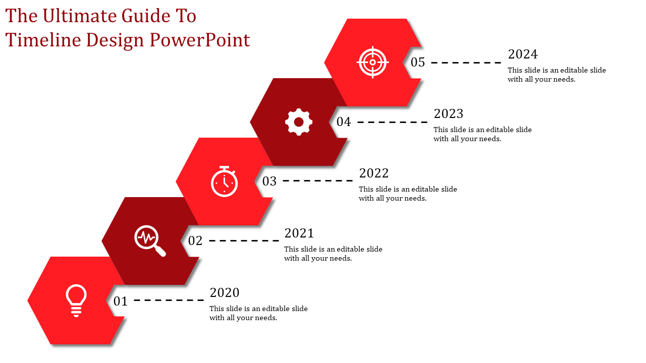 Five red hexagons arranged in a diagonal timeline, each marked with white icon and year linked to text.