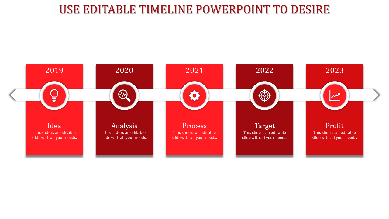 Five-step timeline with red squares and icons, illustrating progression from 2019 to 2023, each with placeholder text areas.