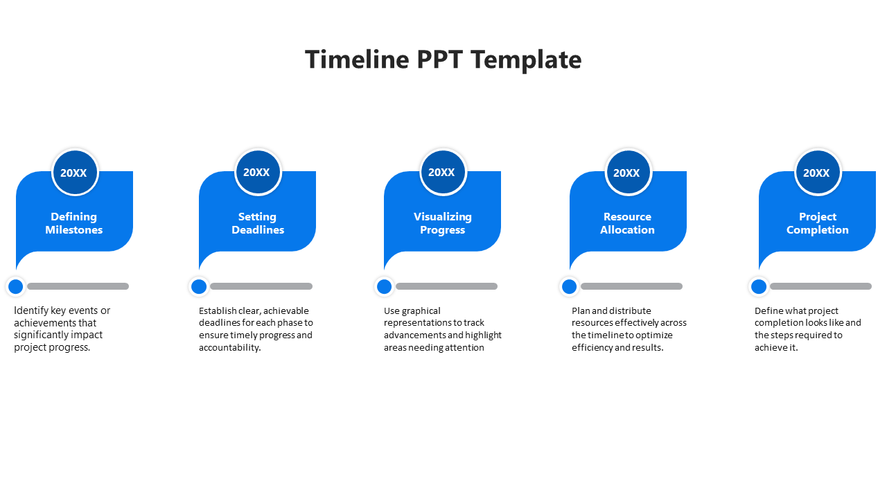 Timeline template with five blue milestone markers, each labeled with 20XX, followed by descriptions below.