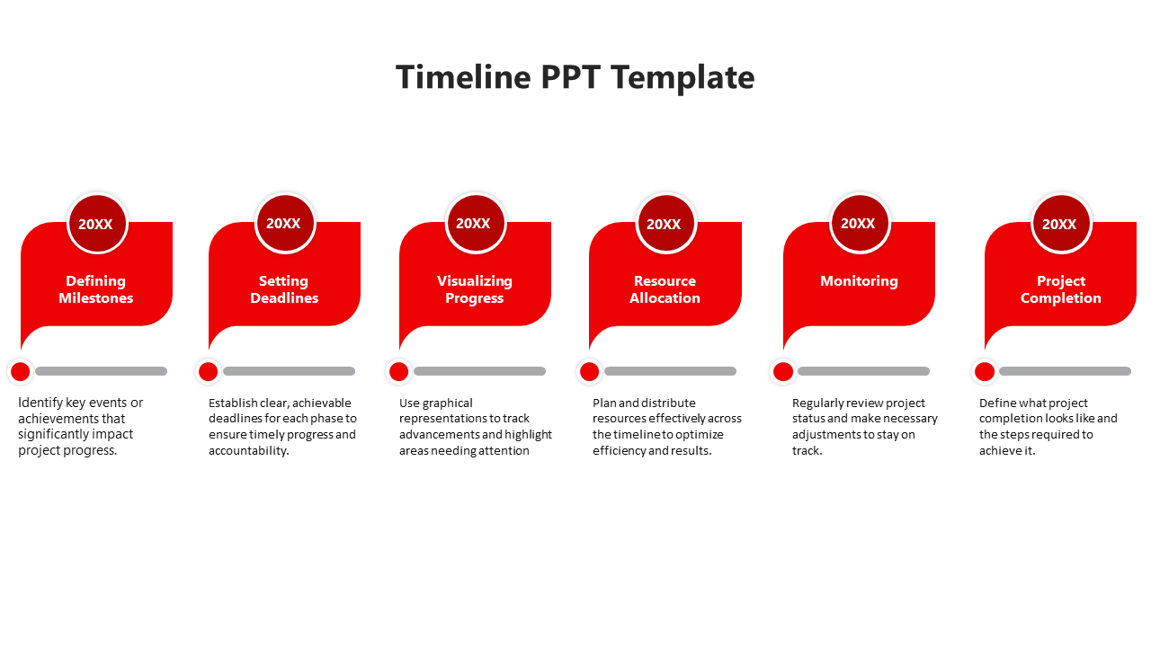 Linear timeline template with red text boxes for project phases, including milestones, deadlines, and monitoring progress.