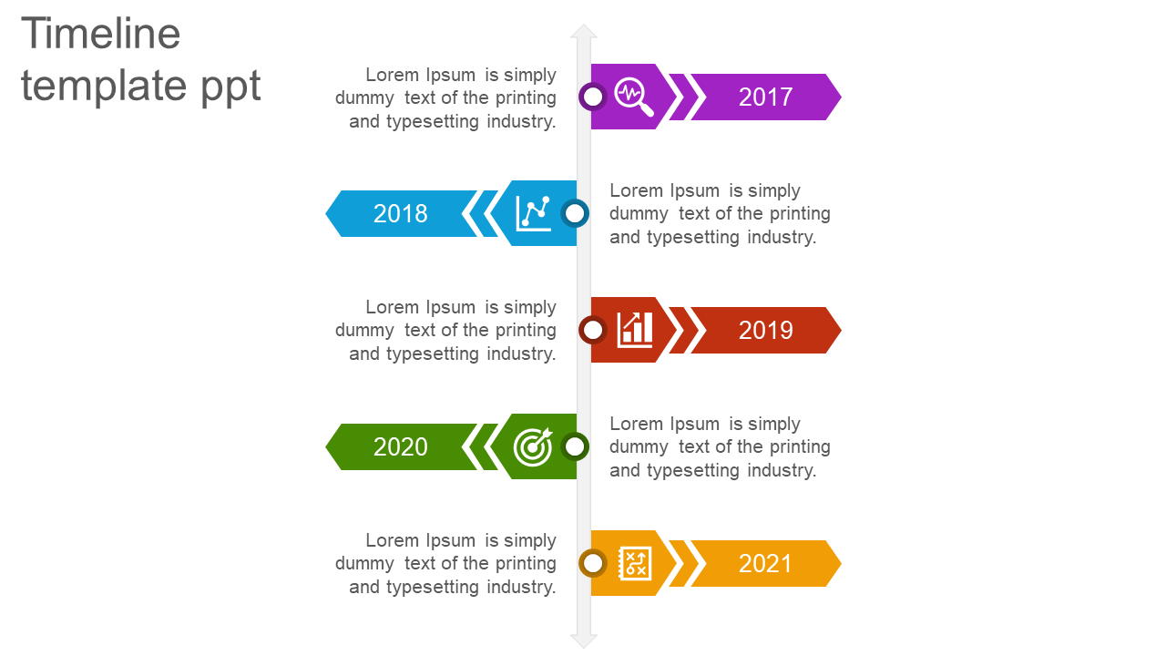 Vertical timeline template with five steps, each year marked by a colored arrow and icon, arranged along a grey line.