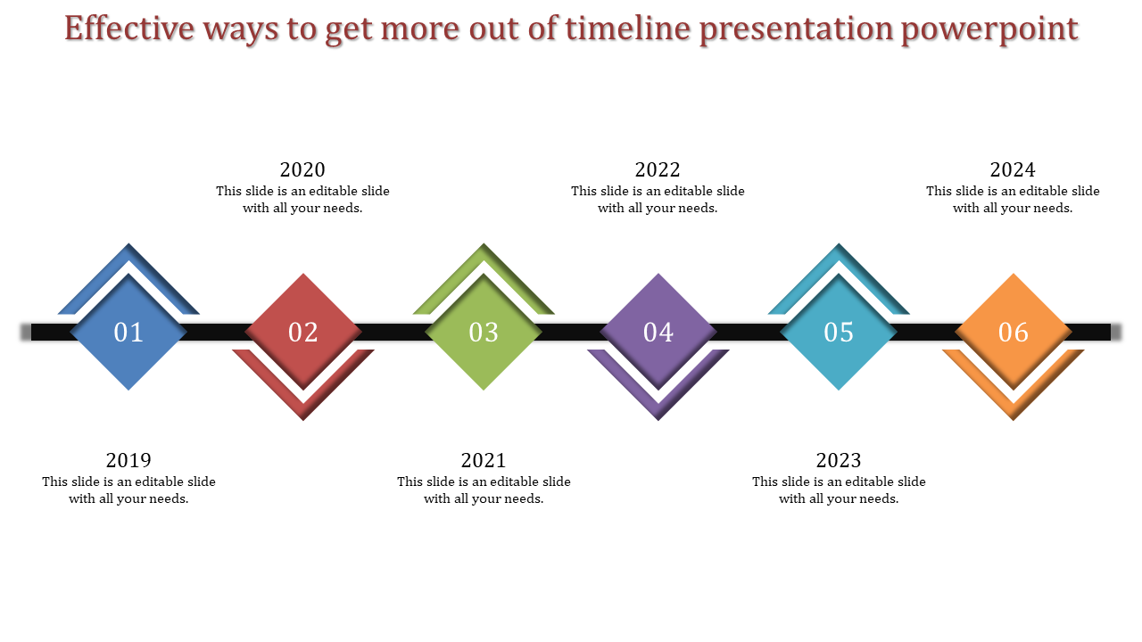 Timeline slide with six colorful diamond shaped markers on a black horizontal line, labeled from 2019 to 2024.