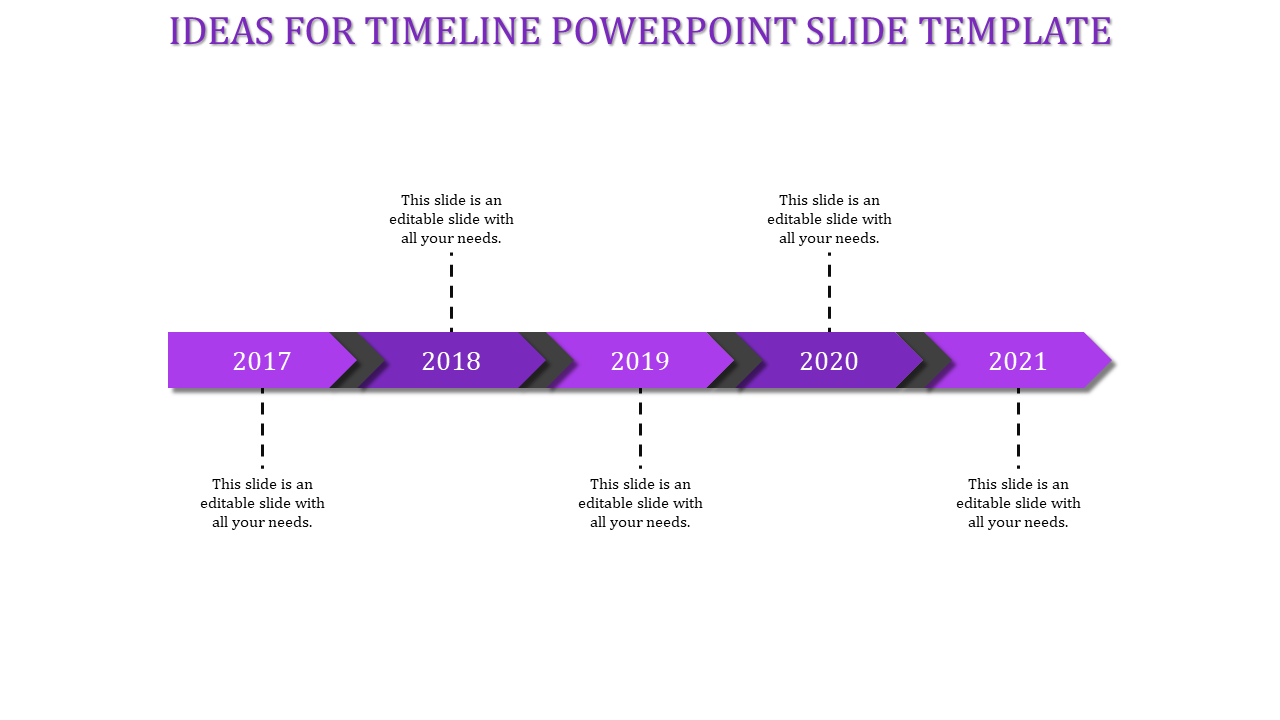 Horizontal timeline with purple arrow segments, black dividers, and milestone years from 2017 to 2021 on a white background.