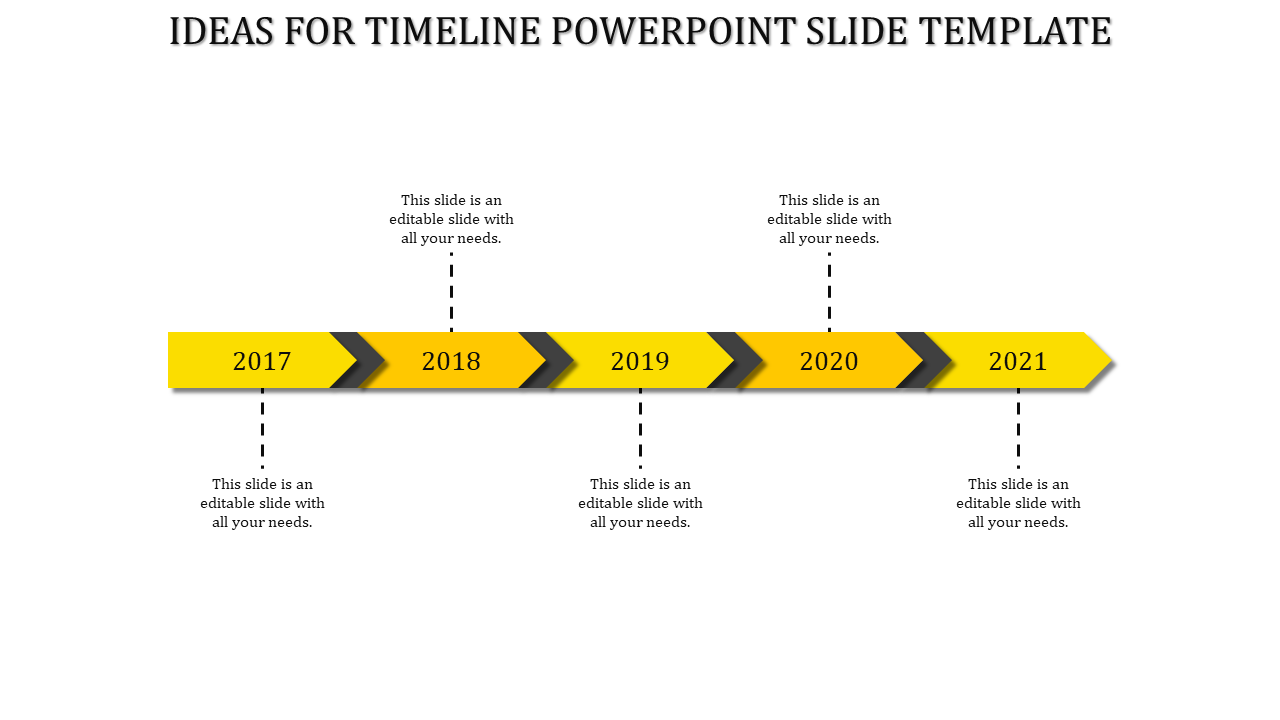 Timeline slide showing years 2017 to 2021 with yellow arrows and placeholder text areas in a white background.