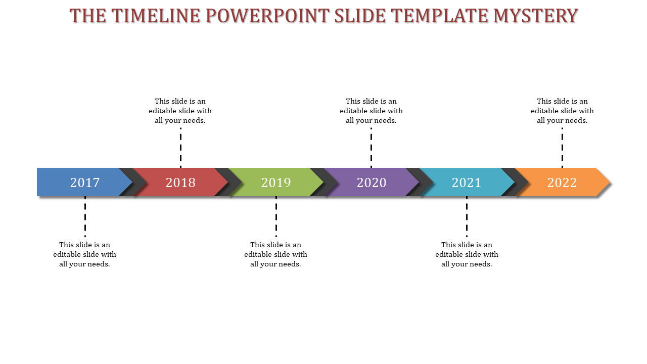 Timeline PowerPoint template with color coded arrows from 2017 to 2022, connected by dotted lines with placeholder text.