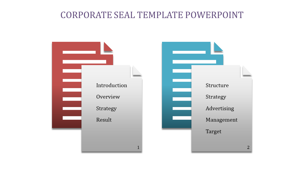 Corporate seal slide featuring two documents, one red, and one blue, listing sections.