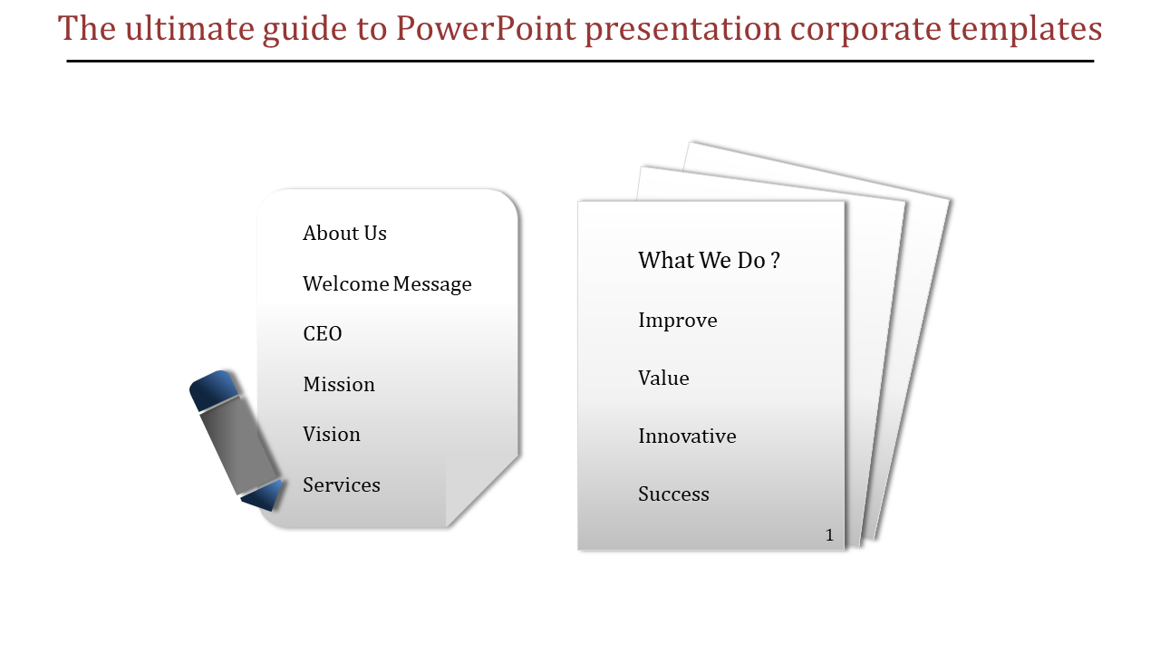 Two white document style lists with corporate topics, a pen icon on the left, and a red title at the top.