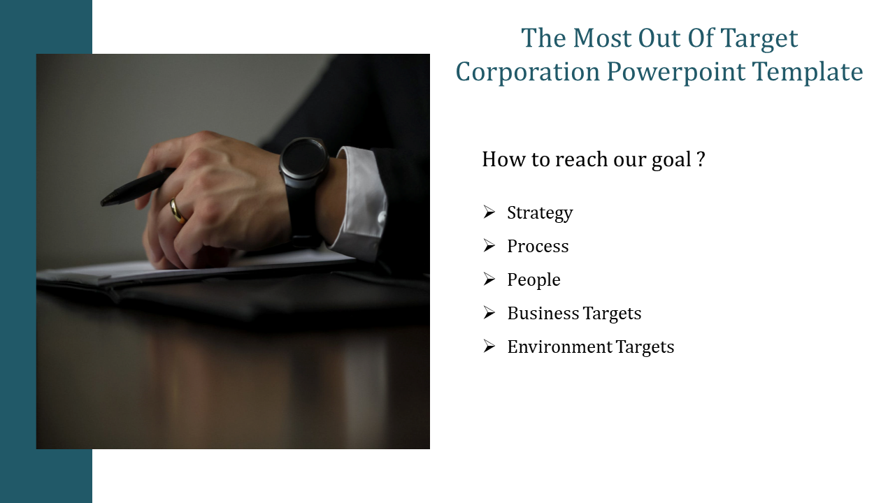 Target corporation slide discussing strategies for achieving business goals, including five steps with an image.