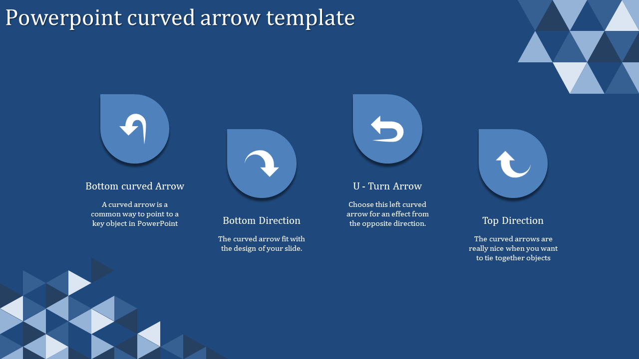 Curved arrow template with four arrow icons representing different directions, each with caption areas, on a blue background.