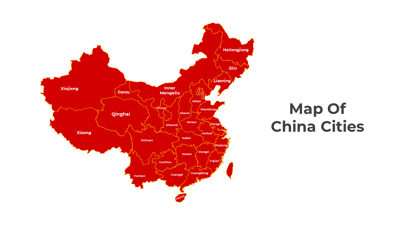 Detailed map of China slide showing various provinces and cities in red, with labeled regions on a white backdrop.