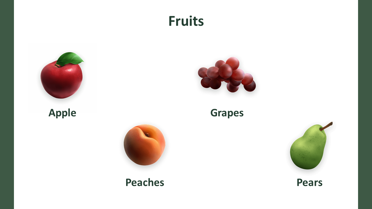 Slide featuring a collection of fruits, including an apple, grapes, peaches, and pears, each labeled beneath their images.