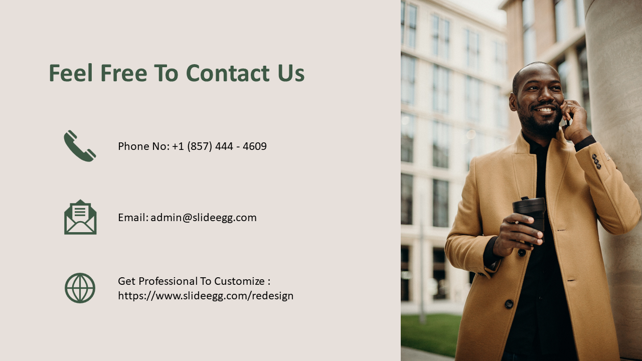 Contact slide with phone, email, and website details, paired with an image of a man holding a cup while on the phone.