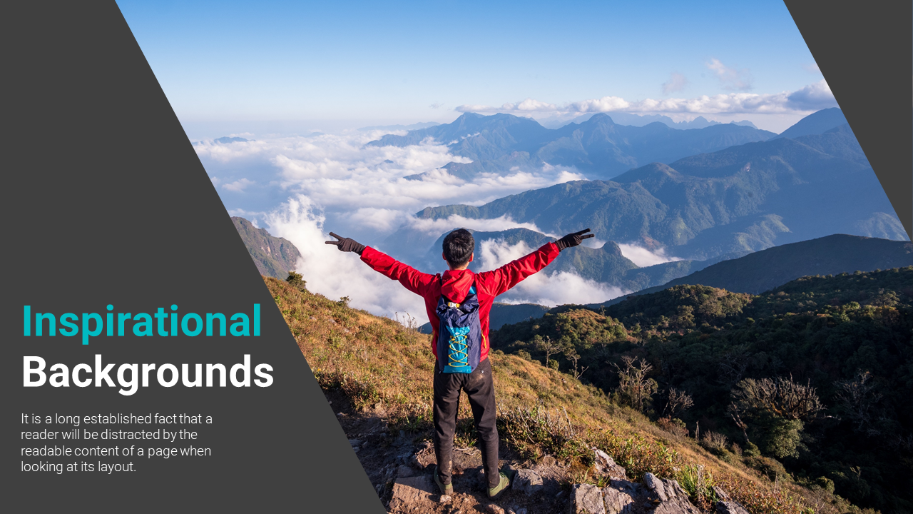 Inspirational layout with with a hiker on a mountain peak, with arms outstretched, under a blue sky with scattered clouds.