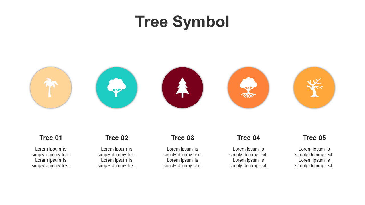 Tree symbol icons in five colors, each representing a unique type of tree, with placeholders below.