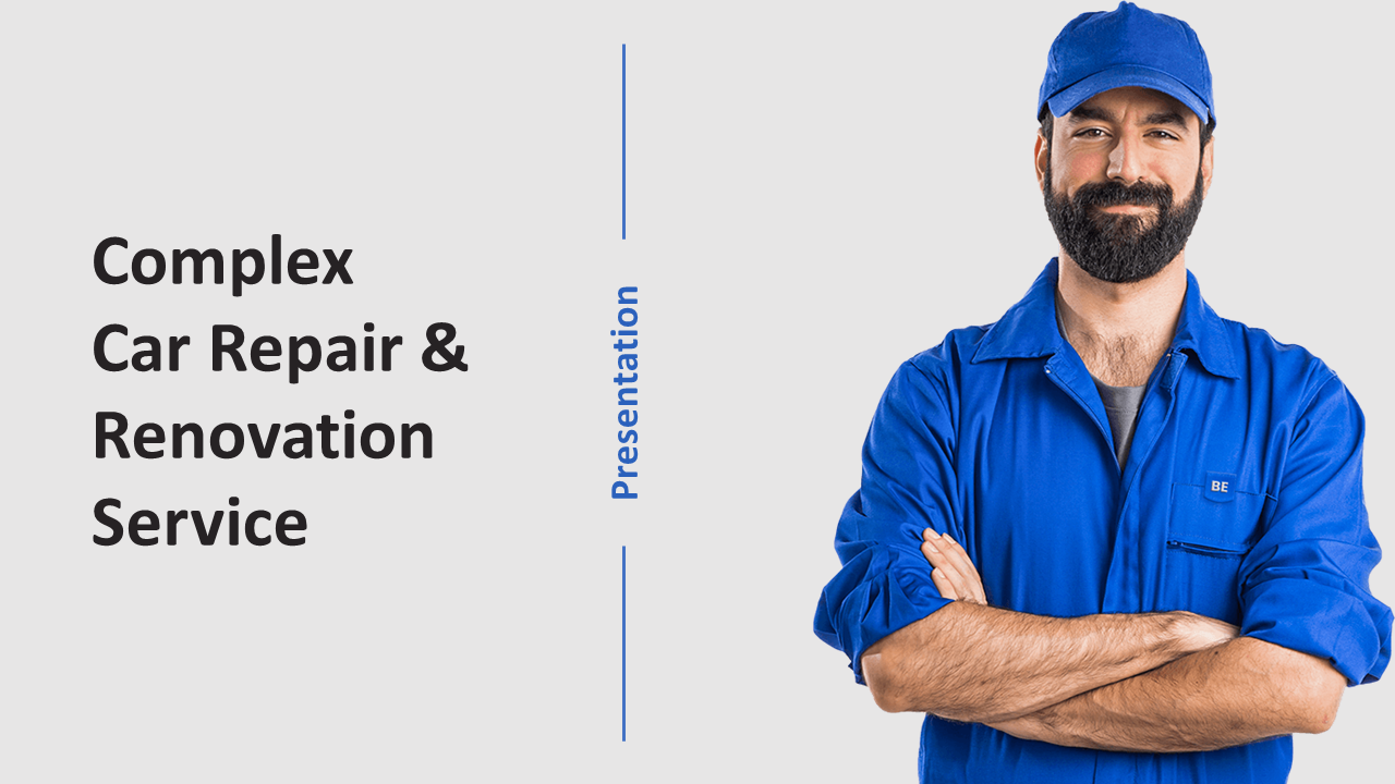 Car repair service slide with a professional mechanic posing on the right in a grey background.