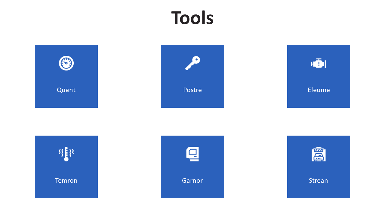 Grid layout of six tool icons with names from quant to strean, each in blue square tiles.