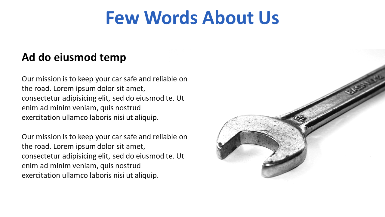 Slide with a wrench image and a mission statement about car safety, and a blue title, set on a white background.