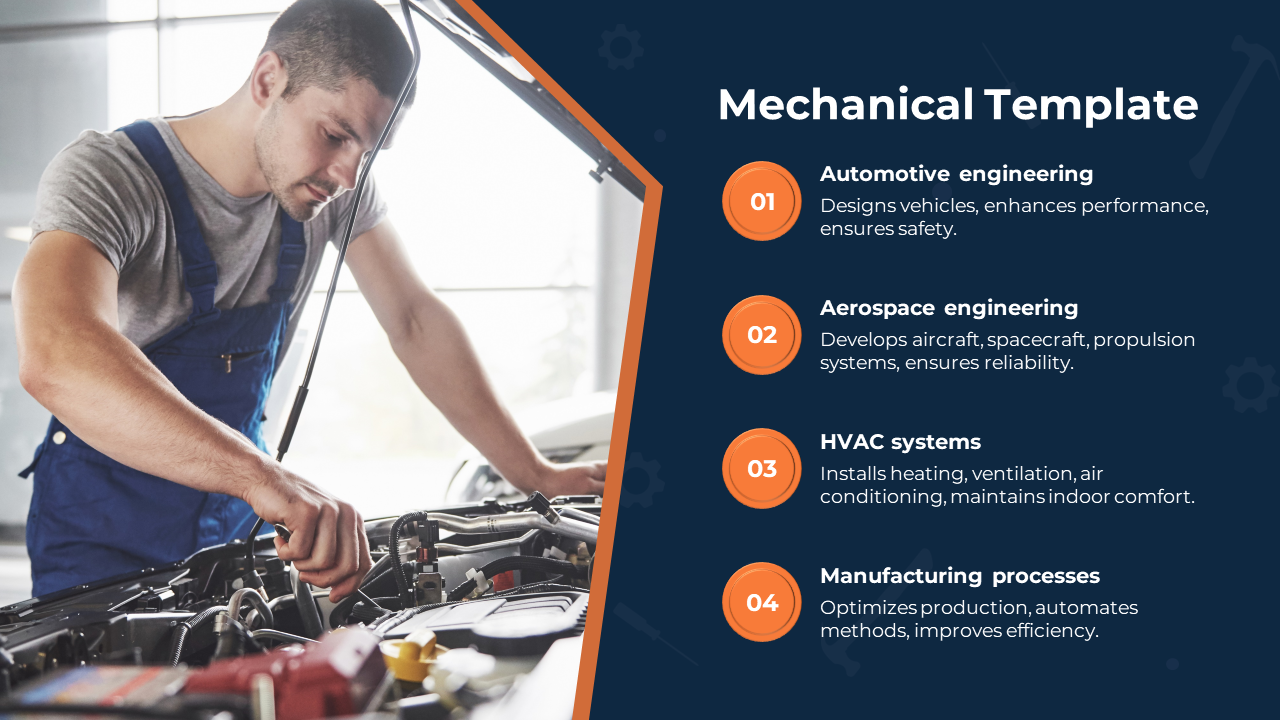 A mechanic working on a car engine, with four numbered orange circles detailing engineering areas, on a blue background.