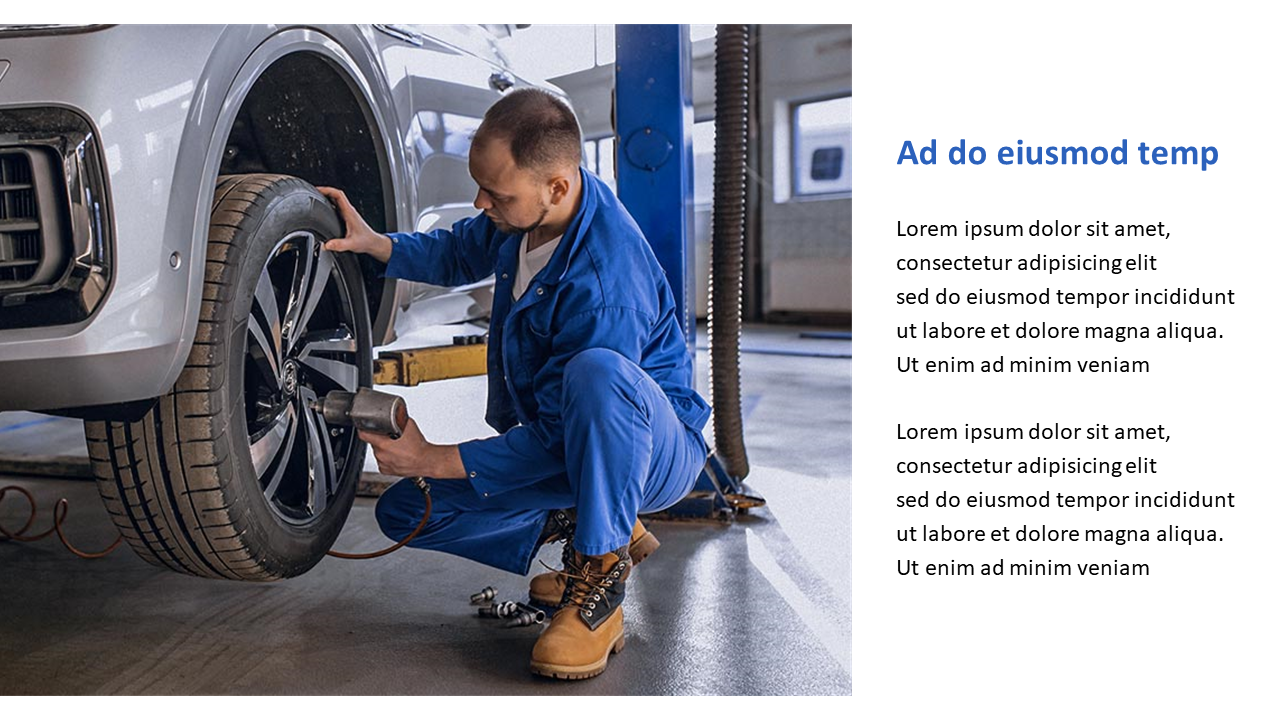 Mechanic kneeling beside a car, tightening a wheel with a power tool, illustrating hands on vehicle maintenance with text.